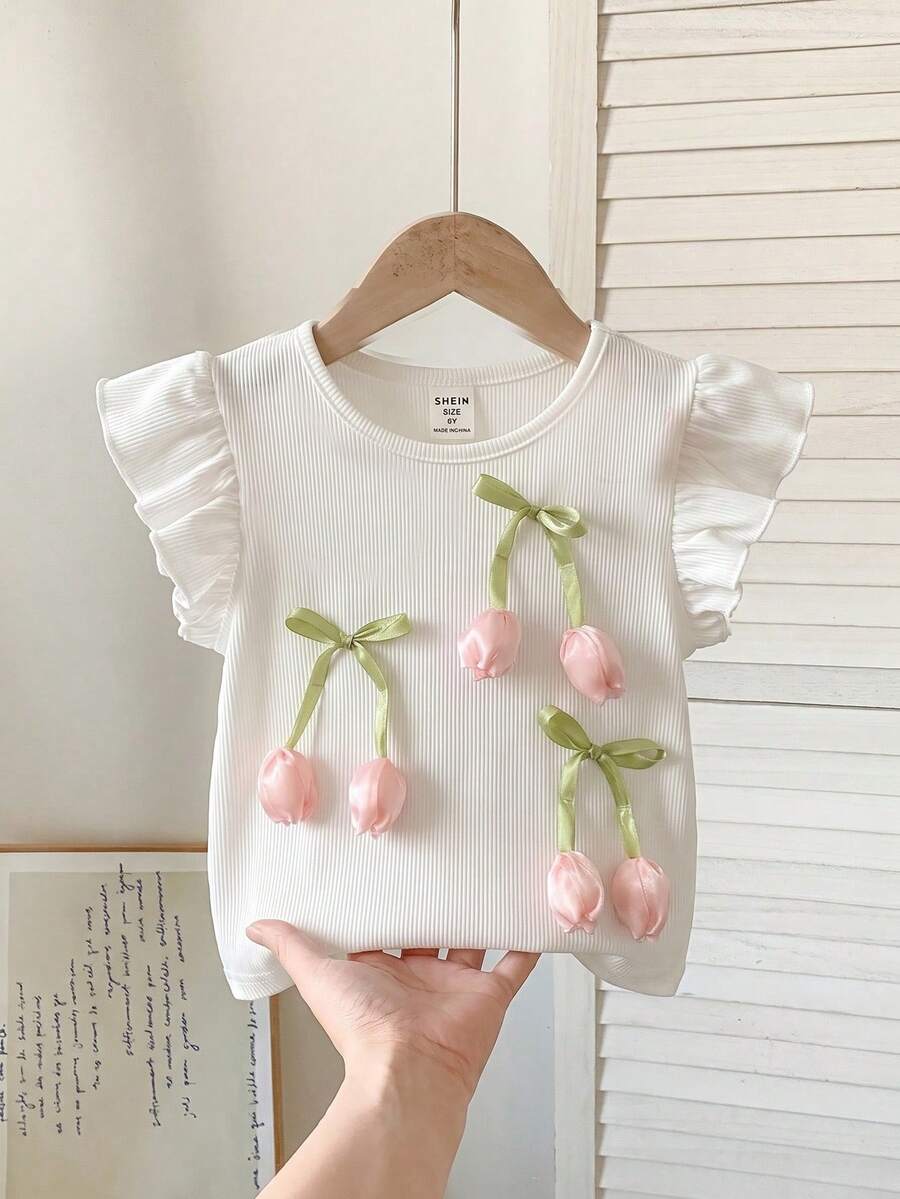 SHEIN 少女夏季休闲甜美可爱度假风3D花朵蝴蝶结装饰荷叶边袖口T恤 - 彩色 - 查看 1