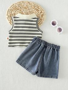 Cozy Pixies 女婴/幼儿女童彩色卡其条纹无袖polo衫和不对称下摆短裙短裤套装，2件套 - 杏色 - 查看 2