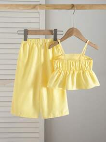 Babygirl Cute Vacation Casual Striped Bow Decor Camisole & Elastic Waist Pants Set - Yellow - View 2