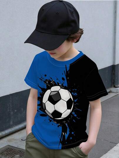 1pc Young Boys' Summer New Blue & Black Contrast Soccer Print Short Sleeve T-Shirt, Children Sports Style Round Neck Top; 1pc Boys' Red & Black Patchwork Soccer Graffiti Print Short Sleeve T-Shirt, Casual Sports Round Neck Top, Comfortable Summer Outfit, Daily Wear