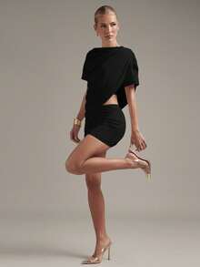 Hauture Women's Sexy Asym Tee Shirt Skirt Co-Ord Matching Set Sexy Office Wear - Black - View 5