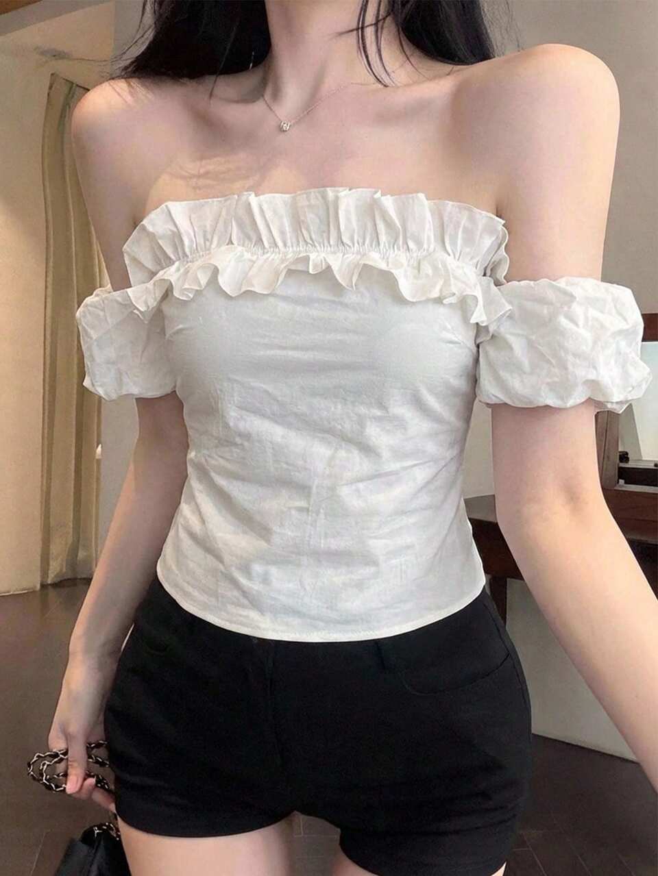 White,Summer,Elegant,Vacation Music Festival Off-Shoulder Ruffle Patchwork Blouse Women's Spring & Summer Casual Street Valentine's Day Wedding Y2k