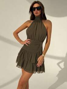 Aloruh Ruched Waist Ruffled Backless Halter Mini Dress, Suitable For Valentine's Day,Dresses For Women Summer - Army Green - View 4