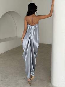 Aloruh Damen elegantes Seidenkleid mit Metallschnallen-Dekor, geeignet für Dates und Partys - Graublau - Übersicht 6