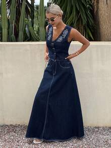 Livesso Bộ đồ 2 món dành cho nữ: Áo vest in hoa và chân váy denim dài chấm đất. - Màu xanh lam - Xem 4