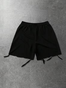ROMWE MEN 男士做旧水钻装饰宽松短裤 - 黑色 - 查看 8