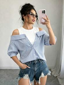 Elenzga Áo sơ mi tay ngắn kiểu Pháp kẻ sọc xanh trắng, dáng ôm, thắt eo, tay phồng, thích hợp mặc đi làm. - Nhiều màu - Xem 1