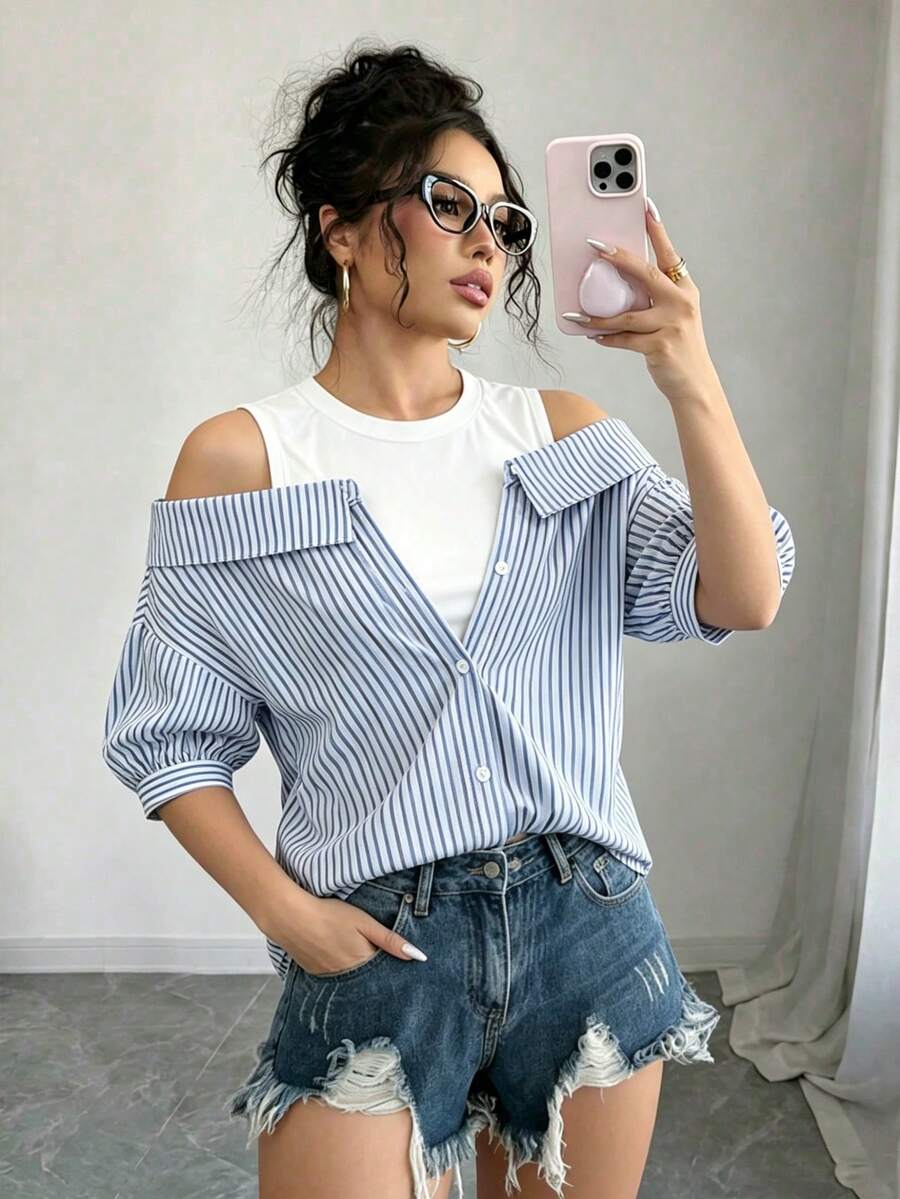 Elenzga Áo sơ mi tay ngắn kiểu Pháp kẻ sọc xanh trắng, dáng ôm, thắt eo, tay phồng, thích hợp mặc đi làm. - Nhiều màu - Xem 1