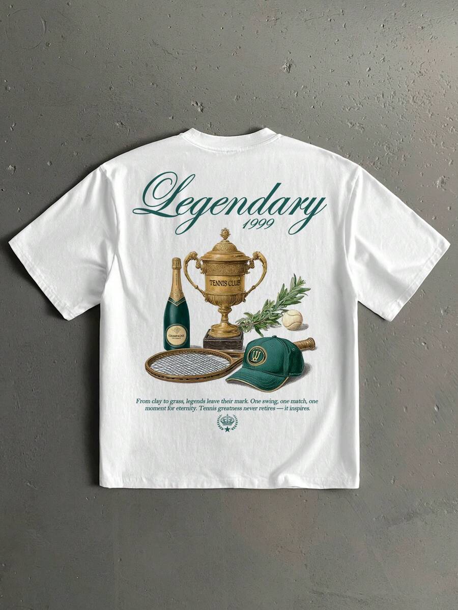 StoneGrade 复古美式网球冠军奖杯印花宽松短袖T恤,时尚休闲,适合约会和聚会,是送给男朋友的理想礼物 - 白色 - 查看 1