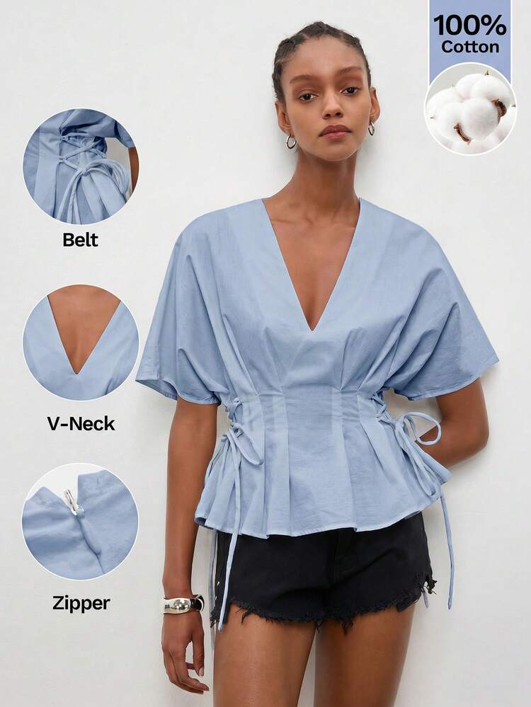 SHEIN Maija MAIJA Summer Boho Tie Dye Ruffle Hem Balloon Sleeve Blouse,Summer Top
