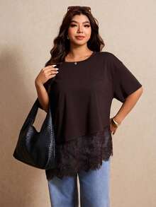 Elaquor Plus Size Summer Minimalist Contrast Lace Asymmetric Hem Short Sleeve T-Shirt - Coffee Brown - View 8