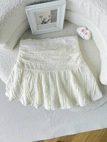 SHEIN Chân váy dệt kim kiểu dáng thường ngày cho bé gái tuổi teen, có dây rút ở eo và xếp ly ở gấu váy. - Màu be - Xem 2