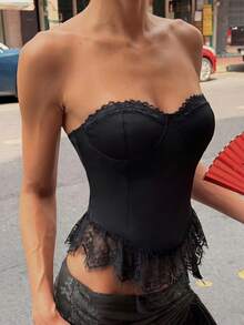 Firerie 女士优雅性感迷人浪漫约会蕾丝抹胸露脐上衣，黑色蕾丝拼接抹胸衬衫，适合音乐节、派对、聚会、舞会、约会等场合。 - 黑色 - 查看 4
