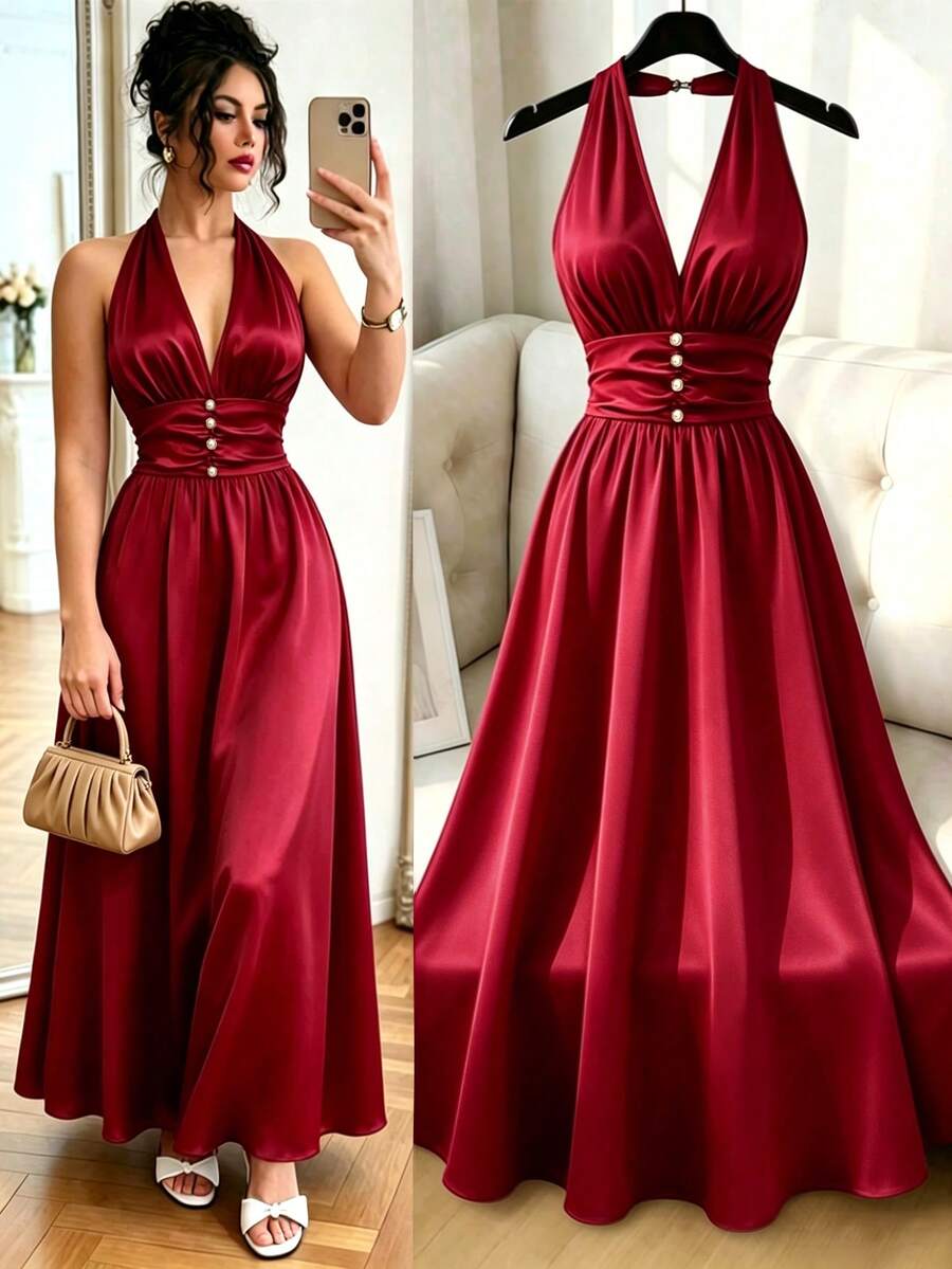 GlowEve Nuevo vestido de mujer de longitud media, ajustado, versátil para uso diario, elegante, de tela brillante, con cuello en V, mangas cruzadas y estilo de transporte - Burdeos - Ver 1