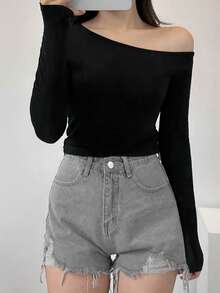 DAZY Solid Asymmetrical Neck Tee Long Sleeve Women Tops - Black - View 5