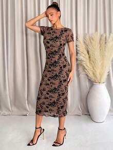 Vestido de manga corta con cuello redondo, ajustado y de longitud media con estampado floral abstracto verde, adecuado para salidas de moda diarias - Albaricoque - Ver 5