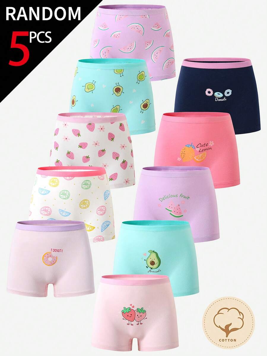 SHEIN 5条/包 女童柠檬、牛油果、草莓、甜甜圈印花可爱舒适纯棉内裤 - 彩色 - 查看 1