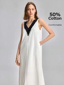Ontre 2026SS New Summer Women Black And White V-Neck Lace Trim Dress, Elegant Graduation/Vacation/Beach Vacation/Music Festival Dress For Ladies - White - View 6