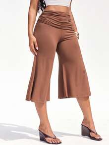 Denimoi Fold Over Waist Guacho Pants Solid Color Culottes Summer Vacation Outfits Y2K Fashionable - Brown - View 1