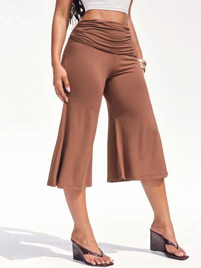Denimoi Fold Over Waist Guacho Pants Solid Color Culottes Summer Vacation Outfits Y2K Fashionable