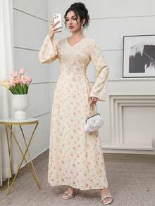 Yasmyna V-Neck Floral Print Contrast Tie-Dye Flare Sleeve Dress, Spring/Summer - Yellow - View 7