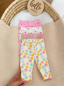 4pcs/Set Newborn Baby Girls' Casual Everyday All-Match Colorful Floral & Striped Print Bottoms, Spring/Summer - Multicolor - View 5