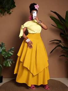 Maweii Plus Size Tie-Front Sleeveless Contrast Color Casual Romantic Dress - Yellow - View 3