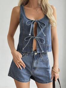 DAZY Bộ đồ denim mùa hè dành cho nữ, gồm áo hai dây cổ vuông dáng rộng và quần short, kiểu dáng thường ngày. - Rửa trung bình - Xem 2