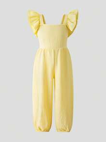 SHEIN Young Girl Textured Ruffle Sleeve Loose Jumpsuit - Yellow - View 7