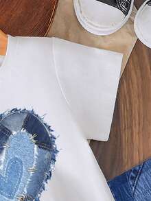 2pcs/Set Young Girls' Heart Print Round Neck Short Sleeve Top + Fashionable Denim Digital Print Shorts Set, Casual Chic, Outfit, Suitable For All Seasons - Multicolor - View 6