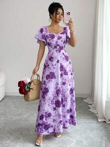 SHEIN Elenzya Women Purple Floral Elegant Summer Tea Party Rose Ditsy Floral Ruched Front Ruffle Sleeve Waist A-Line Maxi Dress,French Retro Vacation Date Fashion - Multicolor - View 3