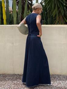 Livesso Bộ đồ 2 món dành cho nữ: Áo vest in hoa và chân váy denim dài chấm đất. - Màu xanh lam - Xem 2