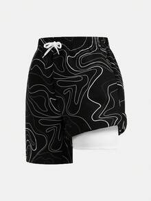 SHEIN Leap Crew 1 件青少年男孩全身印花抽绳腰部泳裤春季穿夹克，春季返校 - 彩色 - 查看 3