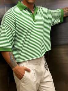 Manfinity Dauomo Men's Striped Patchwork Casual Versatile Daily Wear T-Shirt - Green - View 3