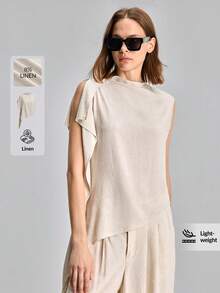 Ontre Áo nữ dáng rộng, màu trơn, thiết kế bất đối xứng, kiểu dáng thường ngày - Màu be - Xem 5