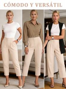 Tight, Shortened, Plain-Colored Work Pants That Fit The Waist - Khaki - View 14
