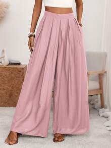 Wandoria Pantaloni a vita alta a gamba ampia in colore unito con pieghe e tasche, pantaloni mimetici verdi militari larghi, eleganti e sofisticati, stile retrò francese romantico minimalista, adatti per ufficio, pendolarismo, lavoro, casual, spiaggia, resort, primavera/estate - Rosa antico - Visualizzare 5