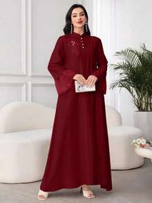 Al Najma 拼接装饰立领网纱拼接宽松长袖女式连衣裙 - 酒紅色 - 查看 6