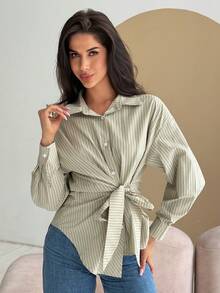 DAZY Camisa a rayas con cintura ceñida asimétrica para mujer, blusa de lino elegante de manga larga para ir a trabajar, primavera y verano - Verde - Ver 5