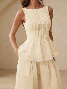 BELROSIE Casual Chic Commuting & Vacation Loose Linen Sleeveless Top With Ruffle Hem Paired With Wide Leg Pleated Pants 2 Pieces Set - Beige - View 4