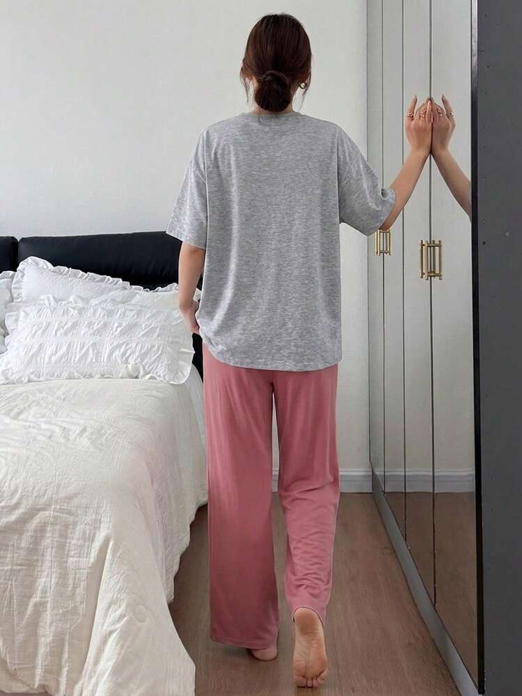 Women's Funny Cartoon Letter Print Dropped Shoulder Loose Top And Pants Pajama Set, Suitable For Spring, Summer And Autumn