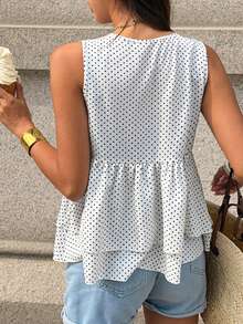 SHEIN PariChic Áo kiểu nữ cổ chữ V không tay dáng rộng, họa tiết kẻ caro xanh trắng kiểu Pháp cổ điển, bèo nhún, thắt nơ, cổ bướm, tôn dáng và đa năng, thích hợp cho hẹn hò, du lịch và những buổi đi chơi thường ngày. - Màu xanh hải quân - Xem 2