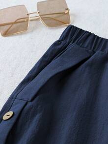 SHEIN LUNE CURVE 大码女式纯色休闲日常纽扣口袋直筒裤，夏季棉麻裤 - 藏蓝色 - 查看 7