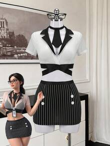 Fantasy Costume Fantasy Costume Bộ đồ lót gợi cảm chuyên nghiệp dành cho thư ký văn phòng gồm 4 món - Đen và trắng - Xem 4