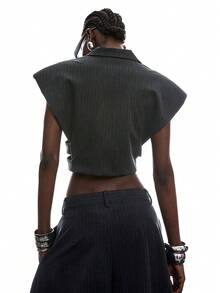 LYSMO 2026 New Arrive Minimalism Business Casual Spring/Summer Women's Dark Grey Lapel Sleeveless Short Summer Thin Blazer Office Night Out Punk - Dark Grey - View 2
