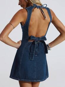 Jeanoix Đầm denim nữ kiểu dáng thường ngày, buộc dây, hở lưng, thích hợp cho mùa hè. - Rửa trung bình - Xem 2