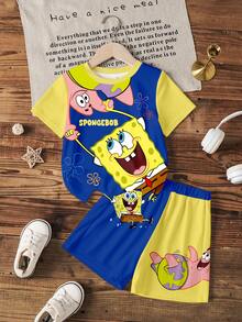 SpongeBob SquarePants | SHEIN 男童夏季休闲度假及日常通勤卡通印花撞色短袖T恤和短裤套装 - 白色 - 查看 1