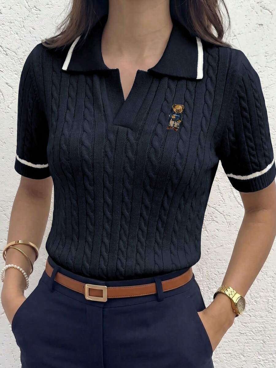Briarwyn 女士短袖半拉链休闲钩针毛衣，夏季 - 藍白色 - 查看 1