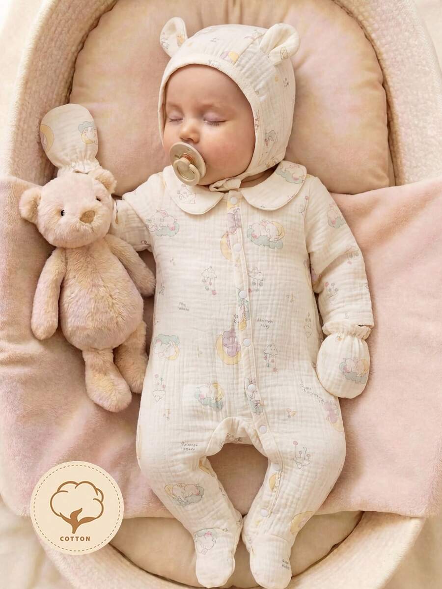 SHEIN Bộ áo liền quần dài tay, mũ và găng tay họa tiết gấu bằng vải muslin cotton màu mơ cho trẻ sơ sinh, thích hợp mặc ở nhà. - Màu be - Xem 1