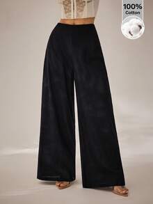 SHEIN PETITE Women's Simple Casual High-Waisted Wide-Leg Cotton Trousers, Suitable For Back-To-School And Commuting - Black - View 7